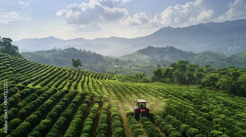Aerial View of Coffee Plantation with Farmer Plowing on Green Field