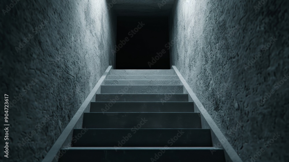 A spooky staircase leading down into a secretive, dark basement, with an unsettling ambiance and mysterious atmosphere A spooky staircase leading down into a secretive, dark basement, with an unsettling ambiance and mysterious atmosphere