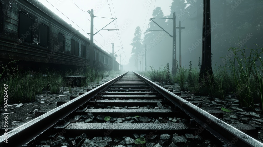 Obraz premium Abandoned railway station engulfed in darkness, with rusty, old trains and overgrown tracks, surrounded by an eerie mist, perfect for Halloween ambiance