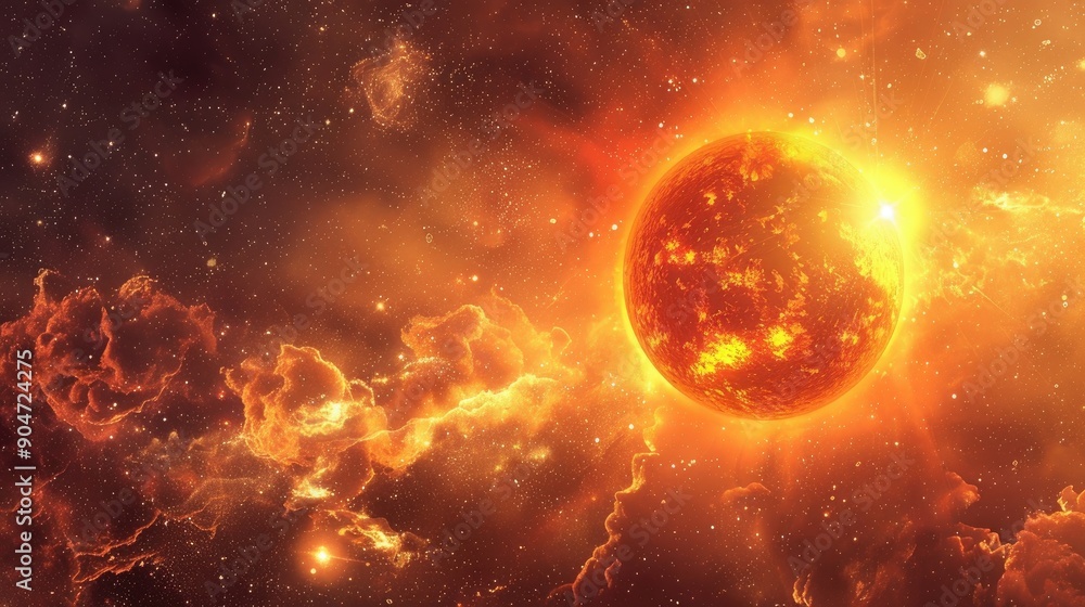 Flaming Cosmos and Starry Sky with an Orange Sun orbit Flaming Cosmos and Starry Sky with an Orange Sun orbit