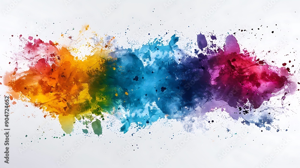 Obraz premium Colorful watercolor splash background with green, yellow, blue, dark blue, purple, red, orange, and brown splatters, evoking a sense of creativity and spontaneity