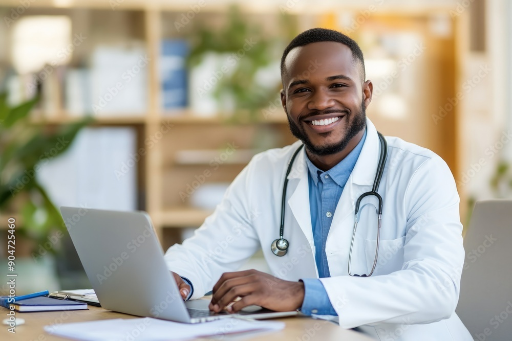 smiling african american doctor work with laptop on hospital office smiling african american doctor work with laptop on hospital office