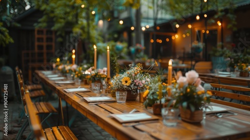 Outdoor dining area with wooden tables, elegant candles, and floral arrangements. photo