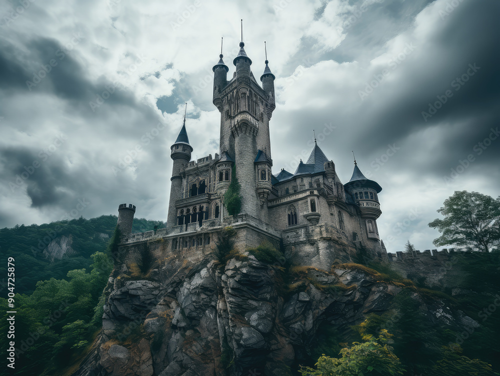 Enigmatic Castle Perched on Cliff Under Brooding Skies Enigmatic Castle Perched on Cliff Under Brooding Skies