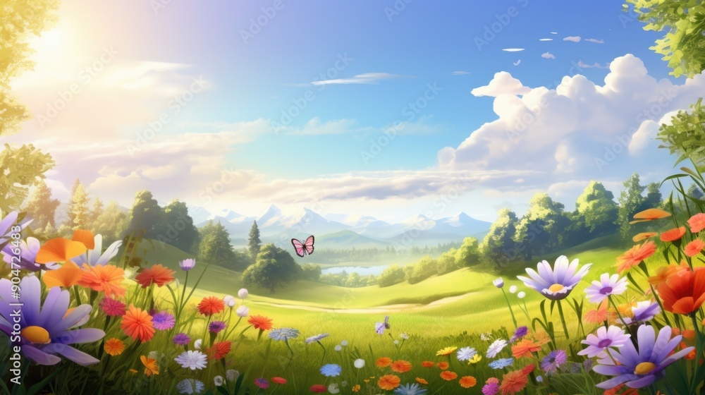 Fototapeta premium Sunny meadow with wildflowers and butterfly