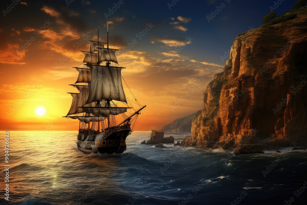 Fototapeta premium Majestic Sailing Ship Navigating Past Sea Cliffs at Sunset