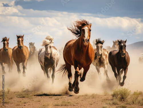 Majestic Wild Horses Sprinting Across The Arid Desert