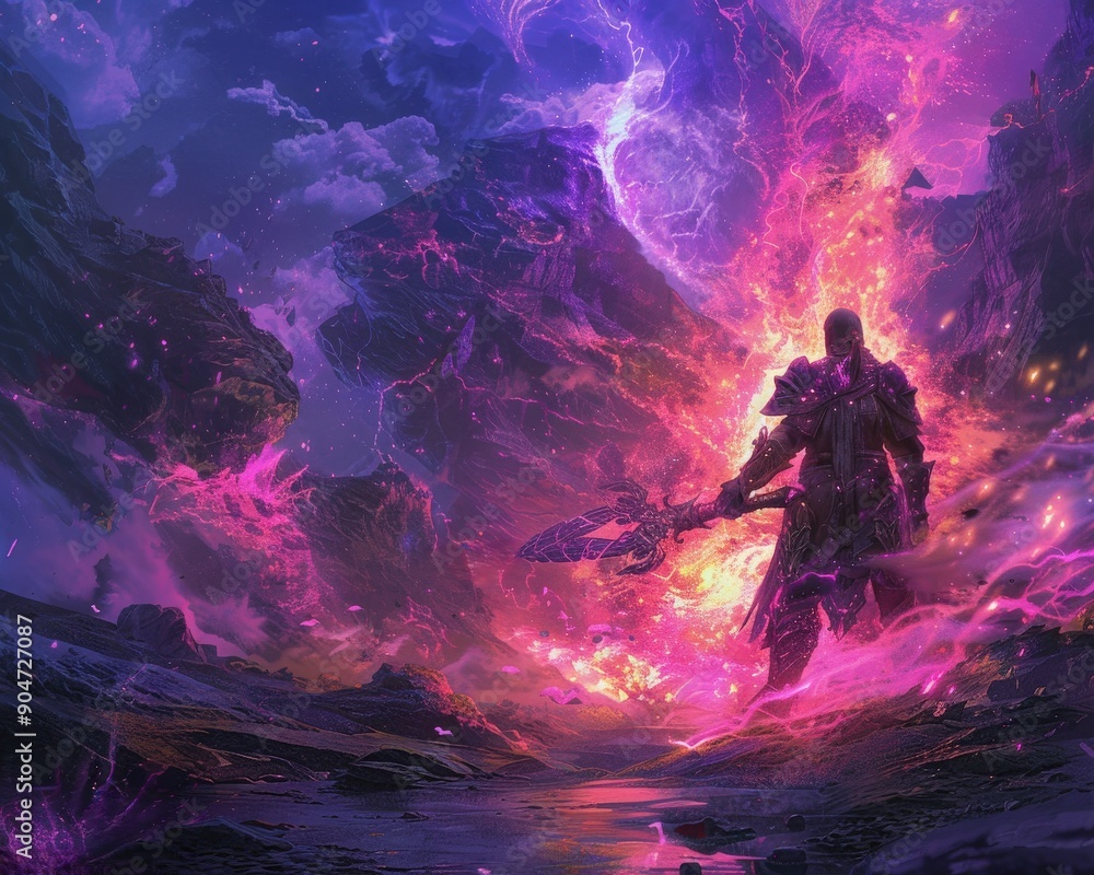 A mystical warrior stands amidst vibrant cosmic energy, with swirling colors and dramatic landscapes, embodying power and magic. A mystical warrior stands amidst vibrant cosmic energy, with swirling colors and dramatic landscapes, embodying power and magic.