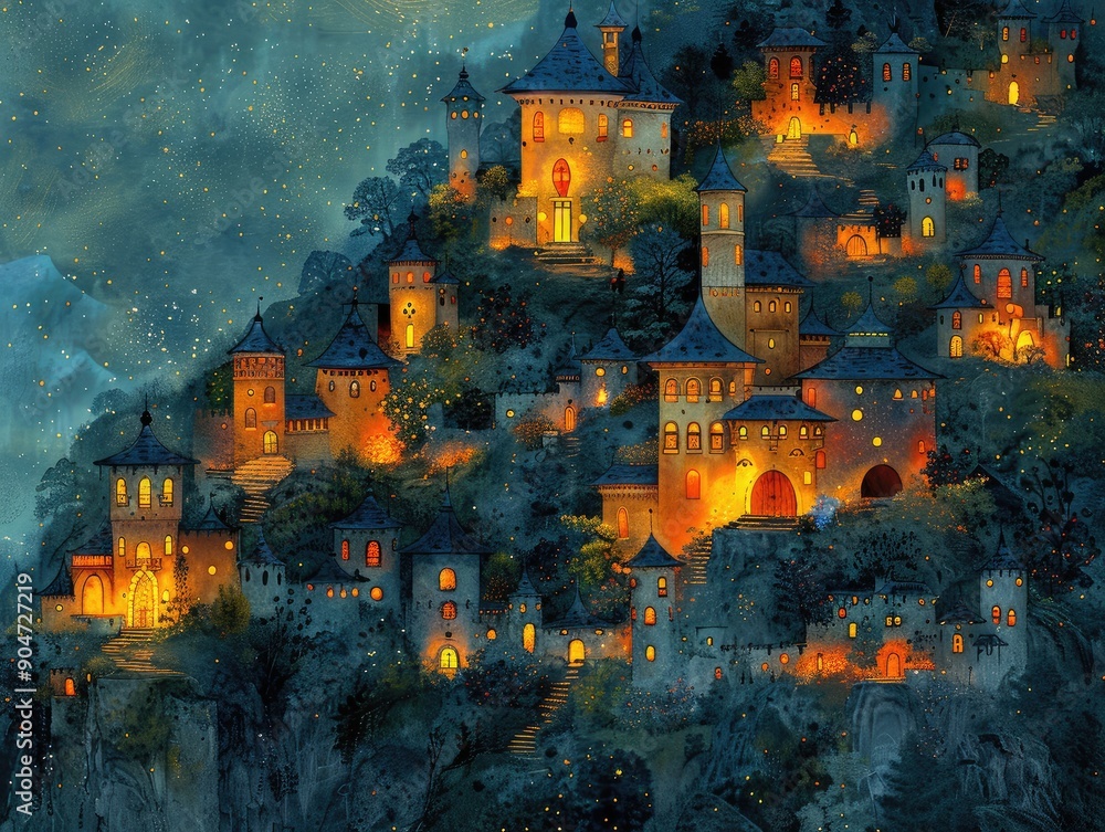 Enchanting risograph illustration of a magical castle, capturing whimsical details and vibrant, layered surroundings Enchanting risograph illustration of a magical castle, capturing whimsical details and vibrant, layered surroundings