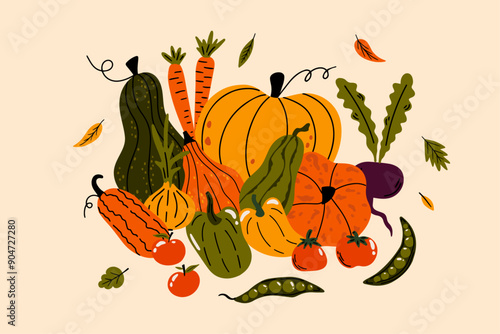 Set of various vegetables vector illustration in cartoon groovy funky style. Different autumn fall harvest local market seasonal elements pumpkin, tomato, carrot, onion, peas, beetroot, pepper