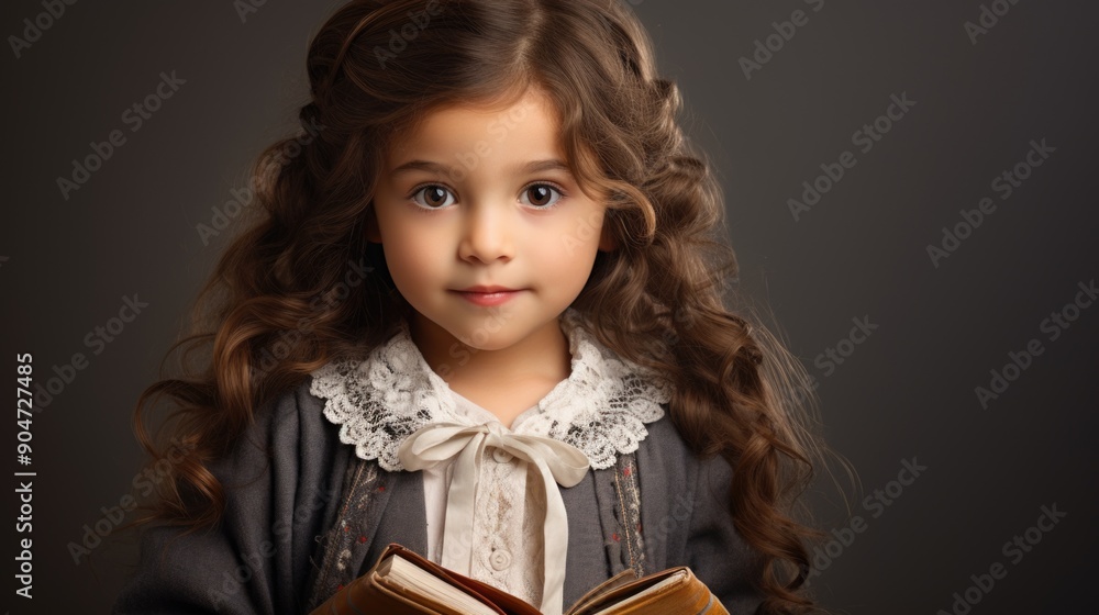 Charming Girl Reading Old Book with Curly Hair in Elegant Vintage Clothing Charming Girl Reading Old Book with Curly Hair in Elegant Vintage Clothing
