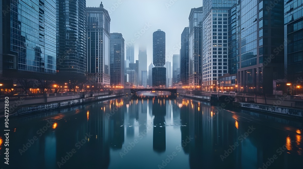 Industrial Cityscape with Towering Structures, Glowing City Lights, and Reflections on a Calm River Industrial Cityscape with Towering Structures, Glowing City Lights, and Reflections on a Calm River