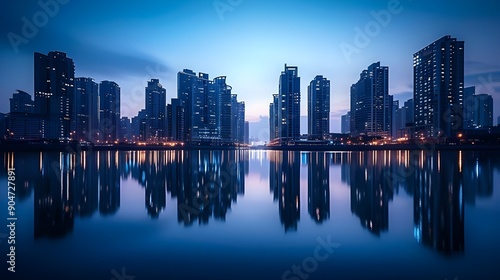 Industrial Cityscape with Towering Structures, Glowing City Lights, and Reflections on a Calm River
