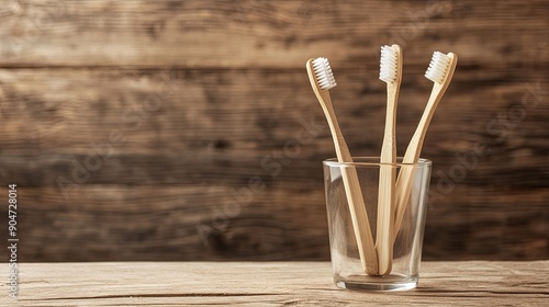 A glass with bamboo toothbrushes on a wooden table, offering plenty of copy space for text. Great for sustainability and eco-friendly themes.