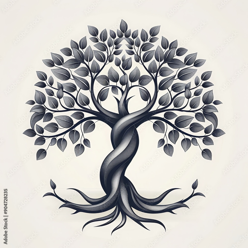 Elegant monochromatic tree art with intricating twisting branches and ...