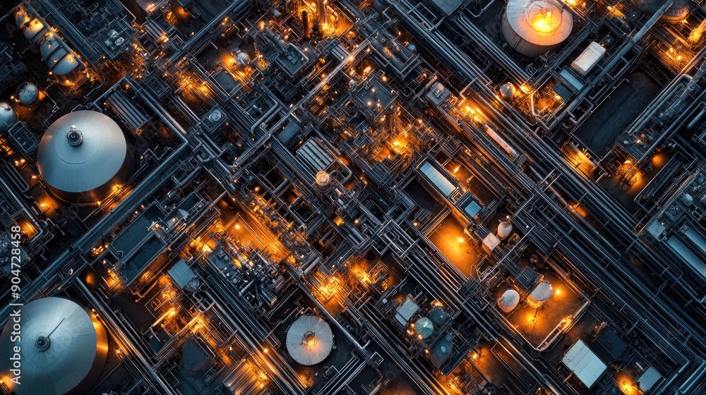 Aerial banner of an oil refinery gas petrol plant industry, sprawling complex with crude tanks and intricate pipeline networks. Aerial banner of an oil refinery gas petrol plant industry, sprawling complex with crude tanks and intricate pipeline networks.