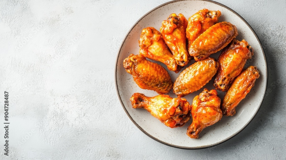Appetizing Buffalo chicken wings on a plate, white stone backdrop with copy space. Top view, flat lay, great for food blogs. Appetizing Buffalo chicken wings on a plate, white stone backdrop with copy space. Top view, flat lay, great for food blogs.