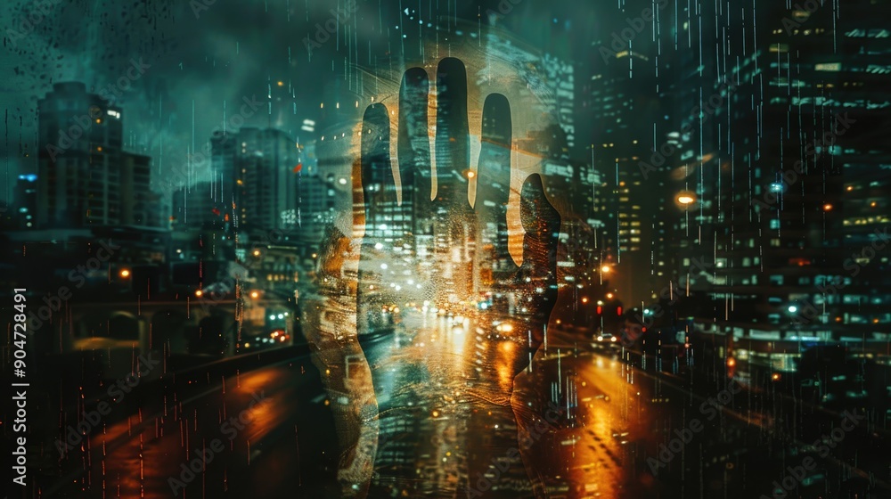 Fototapeta premium Digital Hand Over Cityscape: Futuristic Technology, Artificial Intelligence, Urban Innovation, Cybersecurity in Modern Metropolis