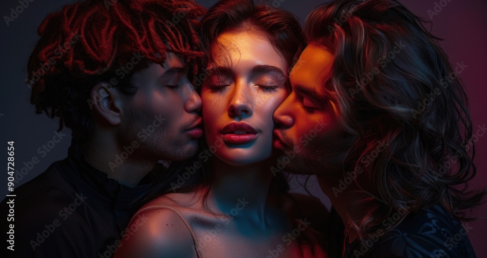 Serene Woman Receives Gentle Kisses from Two Men in Colorful Studio Lighting Serene Woman Receives Gentle Kisses from Two Men in Colorful Studio Lighting