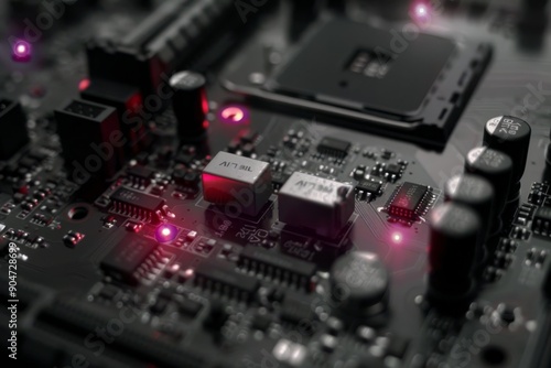 "Close-up of AI microchip with red circuitry in a high-tech environment, representing advanced digital processing, artificial intelligence, and modern computing technology"