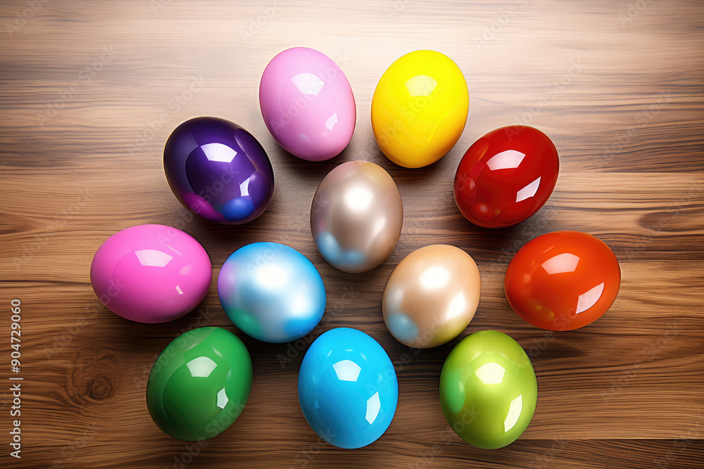 Vibrant Easter Eggs on Rustic Wooden Surface Vibrant Easter Eggs on Rustic Wooden Surface