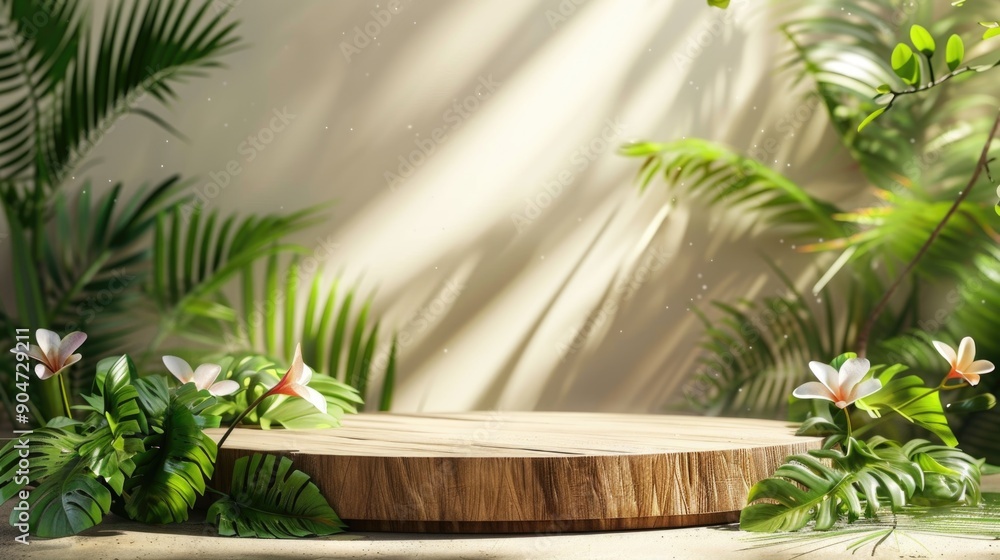 Wooden table surrounded by flowers and greenery