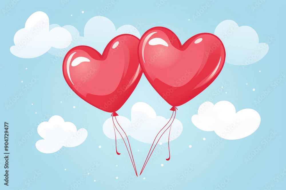 Romantic Red Heart Balloons Floating on Cloudy Sky Romantic Red Heart Balloons Floating on Cloudy Sky
