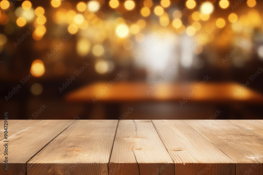 Warm Bokeh Lights with Empty Wooden Table Warm Bokeh Lights with Empty Wooden Table