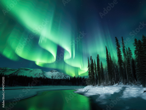 Spectacular Aurora Borealis Display in Winter Forest photo