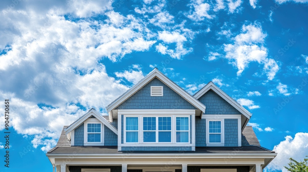 Close-up shot of a coastal-style house with a beautiful blue sky and clouds. Includes plenty of copy space for home and design content. Close-up shot of a coastal-style house with a beautiful blue sky and clouds. Includes plenty of copy space for home and design content.
