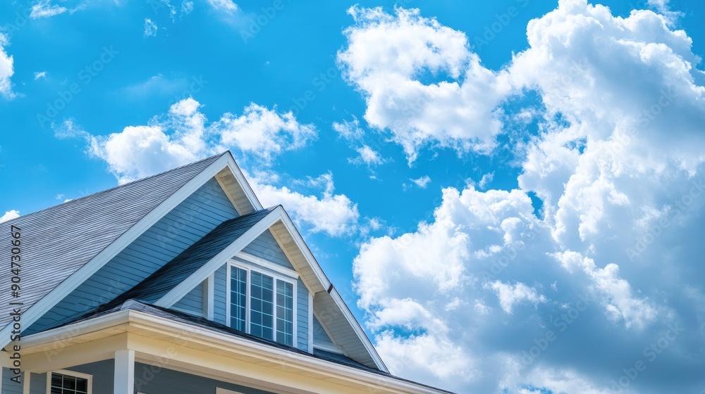 Coastal style house close-up against a blue, cloudy sky. Features generous copy space for real estate and home design content. Coastal style house close-up against a blue, cloudy sky. Features generous copy space for real estate and home design content.