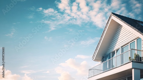 Coastal house close-up with a backdrop of a blue, cloudy sky. Ideal for showcasing seaside living with ample copy space. photo