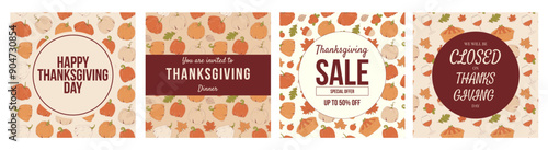 Happy Thanksgiving day card set. Thanksgiving dinner. Special offer and sale. We will be Closed for Thanksgiving day. Flat vector illustration