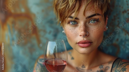 Trendy Woman Enjoying Wine with Tattoos and Short Hair, CloseUp Portrait photo