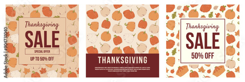 Happy Thanksgiving Day promo sale flyer autumn leaves, pumpkins, cranberry and acorn on the light background. Set Vector illustration for poster, banner, card, special offer.
