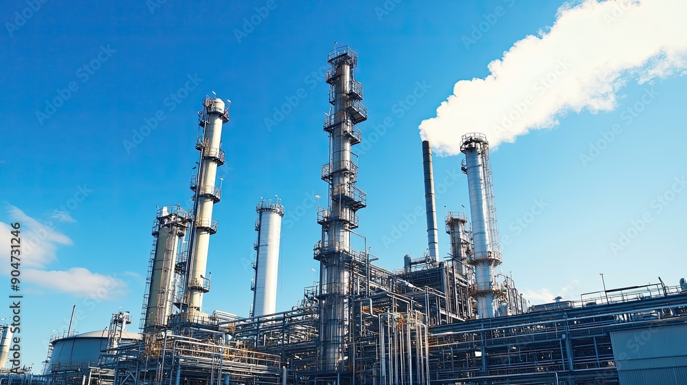Daytime banner of an oil refinery gas petrol plant industry, featuring large crude tanks, processing towers, and blue sky. Daytime banner of an oil refinery gas petrol plant industry, featuring large crude tanks, processing towers, and blue sky.
