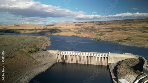Wallpaper Mural Aerial of Chief Joseph dam on Columbia River in Bridgeport Washington in brown grassy hills at sunset Torontodigital.ca