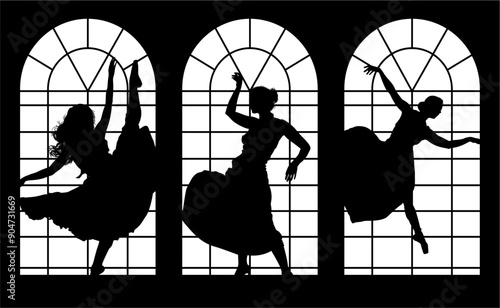 baile, danza, silueta, bailarina, danza ritmica, silueta, deporte, ballet, vector, ballet, movimiento, ventanal, contraluz