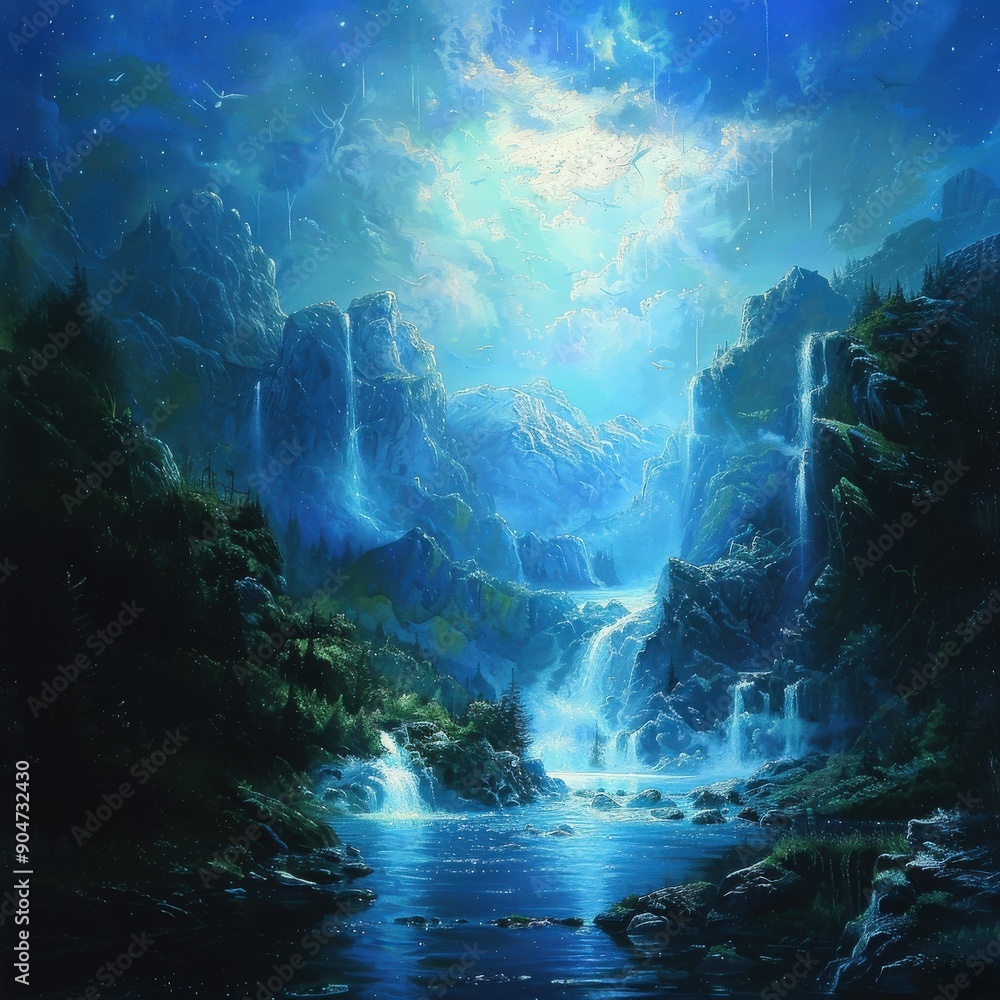 Obraz premium A serene landscape showcasing cascading waterfalls and vibrant mountains under a captivating night sky.