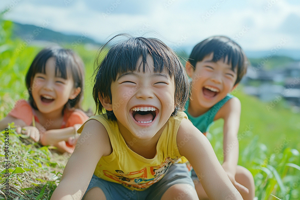Asian children laughing while rolling down a hill Asian children laughing while rolling down a hill