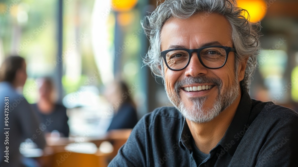 Smiling Grey-Haired Man in Glasses Relaxing in a Bright Café or Workspace, Exuding a Friendly and Approachable Vibe Smiling Grey-Haired Man in Glasses Relaxing in a Bright Café or Workspace, Exuding a Friendly and Approachable Vibe