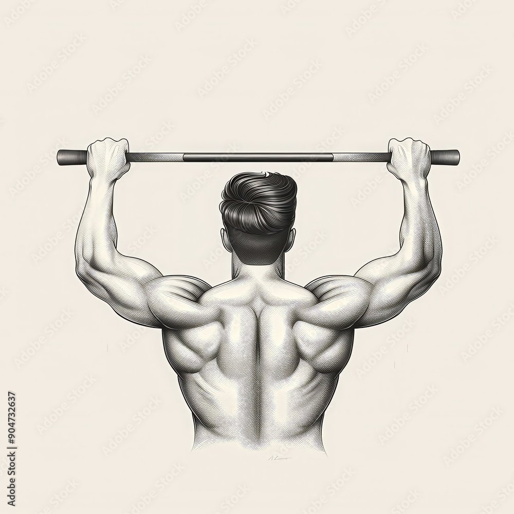 Illustration of a muscular person doing a pull-up, showcasing back and arm muscles, fitness and strength concept. Illustration of a muscular person doing a pull-up, showcasing back and arm muscles, fitness and strength concept.