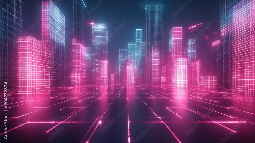 High-tech 3D abstract copy space in the night concept, featuring digital grids and neon elements. Perfect for futuristic designs.