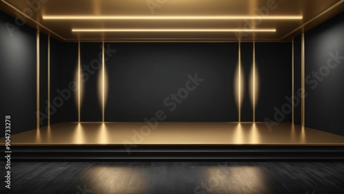 The interior of the auditorium is empty with golden black walls and floors.