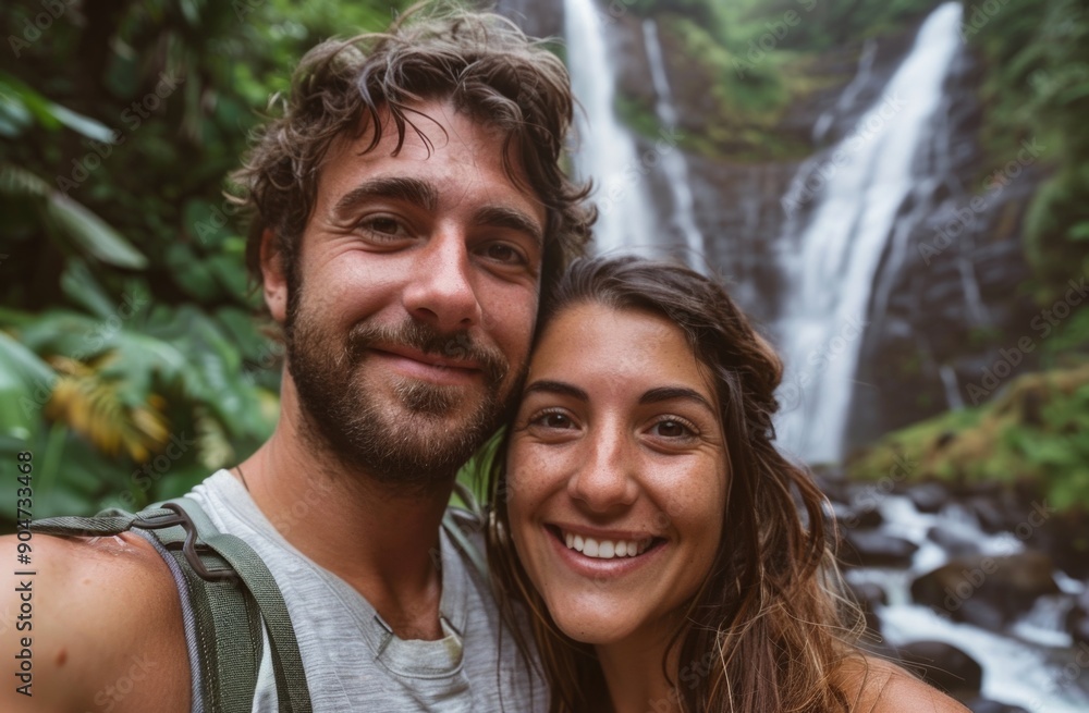 Man and woman posing in front of waterfall Man and woman posing in front of waterfall
