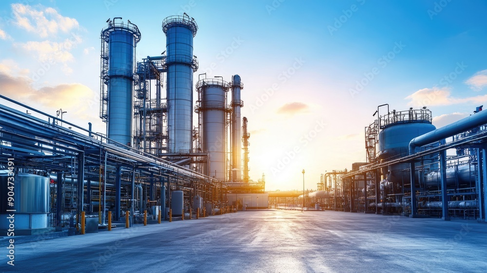 Oil refinery gas petrol plant industry banner, showcasing crude tanks and processing units with clear blue skies in the background. Oil refinery gas petrol plant industry banner, showcasing crude tanks and processing units with clear blue skies in the background.