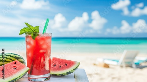 Refreshing summer scene with watermelon slices and a mint cocktail on a white table, sandy beach and clear blue sky in the background.