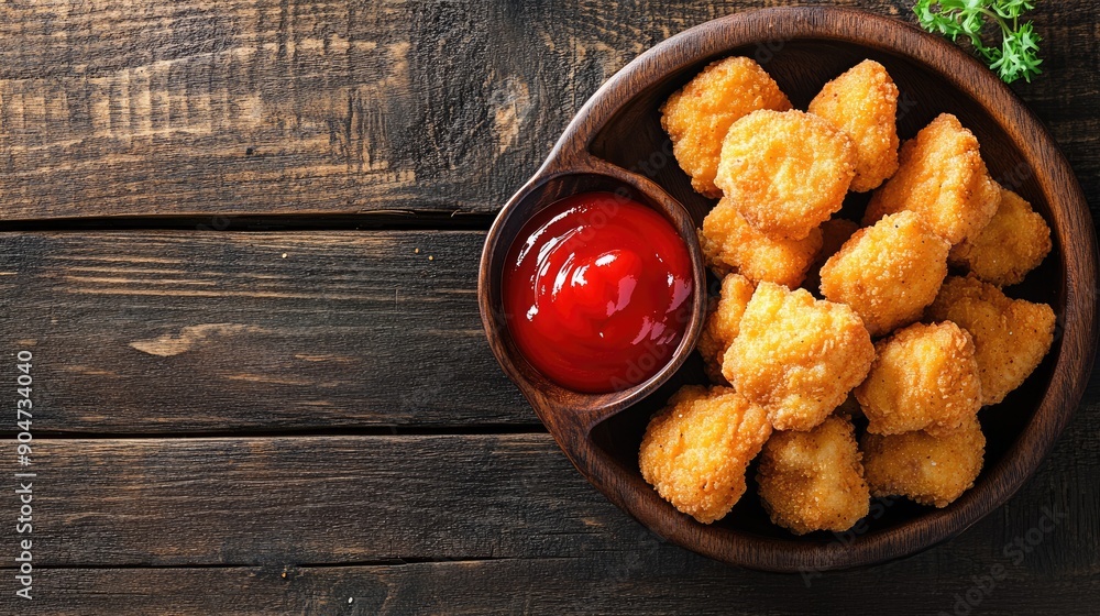 Naklejka premium Rustic wooden background showcasing chicken nuggets and ketchup, featuring plenty of copy space for food promotions or recipes.