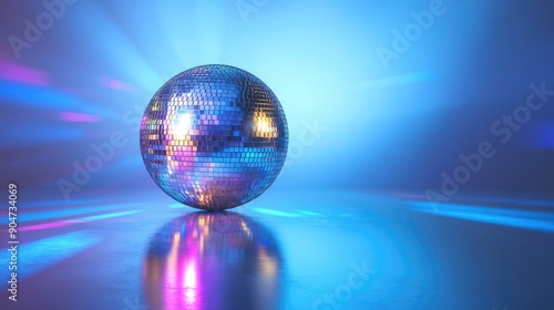 Shimmering mirror disco ball isolated, surrounded by light reflections. Ample copy space for text, ideal for party and celebration concepts. photo