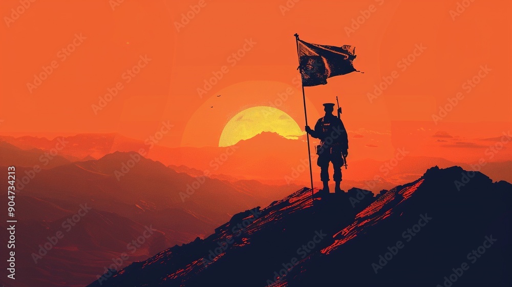 Silhouette of a Soldier Holding a Flag on a Mountaintop at Sunset Silhouette of a Soldier Holding a Flag on a Mountaintop at Sunset